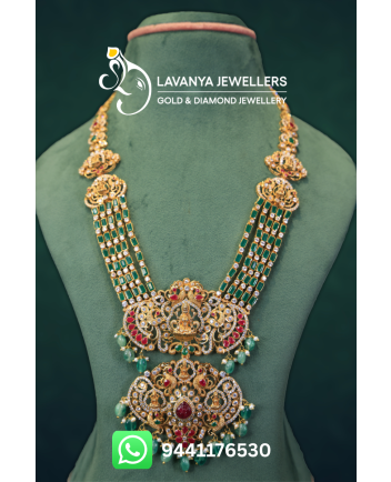 22K Emerald Pachi Gold Haram with Lakshmi Devi Center Design