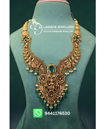 22K Nakshi Gold Haram with Lakshmi and Peacock Intricate Design