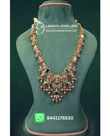 22K Navarathna Balaji Pachi Gold Haram with Tourmaline Beads