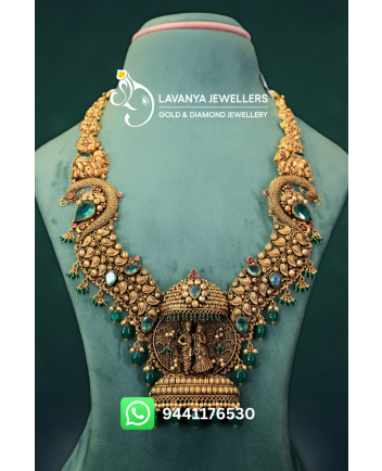 22K Unique Ramparinayam Gold Haram with Emerald Beads