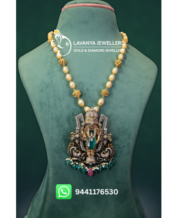 22K Victorian Gold Balaji Pendant with Pearl Chain