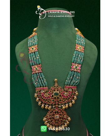 Kundan Beads Haram with Original Ruby, Emerald, and Polkis