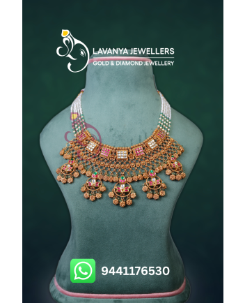 Gold Heritage Kundan Necklace With Pearls And Emerald Beads