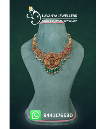 22Kt Gold Nakshi Necklace with Ganapati Design, Emerald Beads, and Pearls