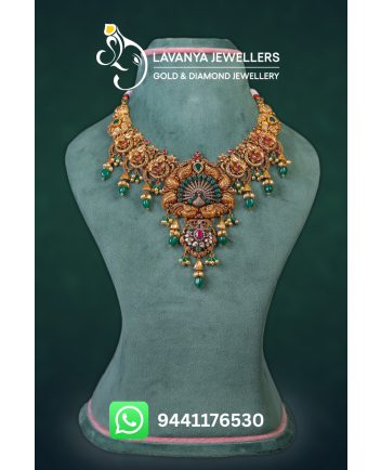 22Kt Gold Nakshi Necklace with Middle Victorian Peacock Pendant