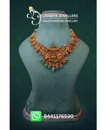 22Kt Gold Nakshi Necklace with Lakshmi Devi Idol Middle