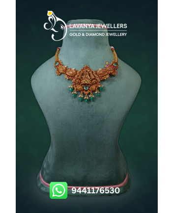 22kt Gold Nakshi Necklace with Emeralds and Lord Krishna Idol Middle