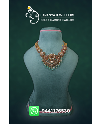 22kt Gold Pachi Necklace Bottu Style with Lakshmi Devi Idol Middle