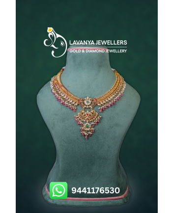 22kt Gold Pachi Jalebi Necklace with 3-Step Design and Tourmaline Beads