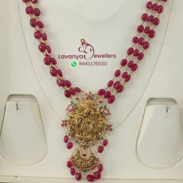 916/22ct Ruby Beads Haram With Radha Krishna Pendant